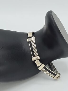 VTG 925 Sterling Silver Modernist Wire Link Bracelet Dark & Polished Minimalist